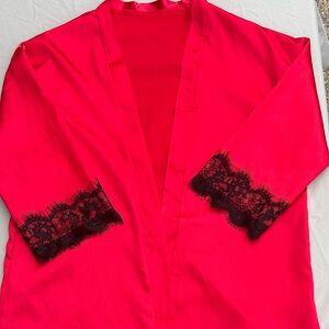 Elegant Red with black Lace Trim Kimono Robe
